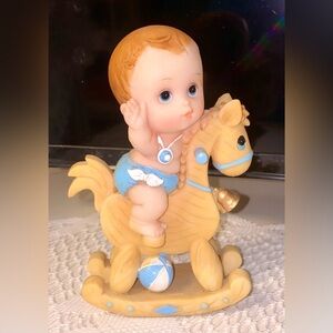 Adorable Baby on Rocking Horse Figurine - Blue and Tan
